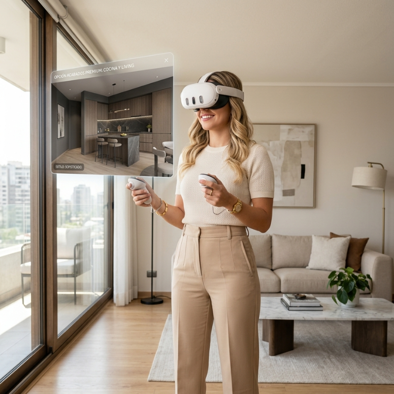 Mujer con MetaQuest recorriendo una pantalla en Realidad Virtual en su Living